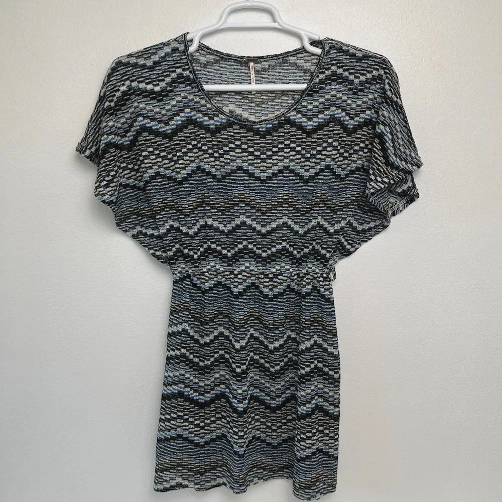 Poof Boho Casual Topper Blouse Womens Crochet Blue Multi Plaid Short Sleeve Larg